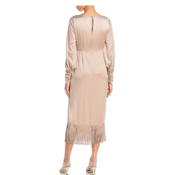 Cinq a sept Elegant Cream Wrap Dress with Fringe silk midi long sleeve button - Picture 10 of 10